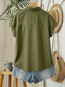 EMERY ROSE Solid Color Short Sleeve Pocket Casual Vacation Shirt - Army Green - View 2