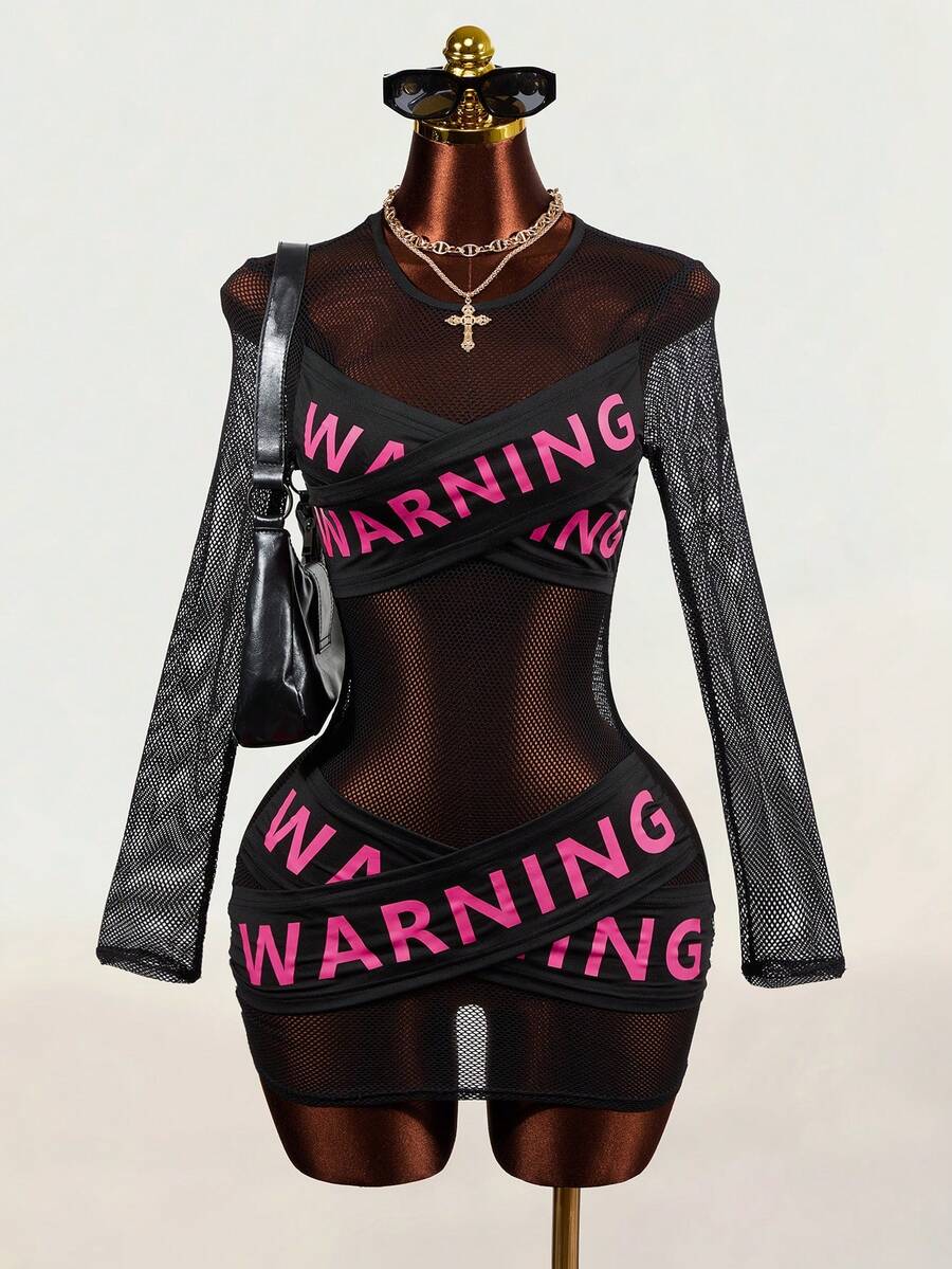 Mistrie Women's Letter Print Criss-Cross Contrast Color Sexy Mesh Sheer Long Sleeve Hot Girl Dress - Black - View 1