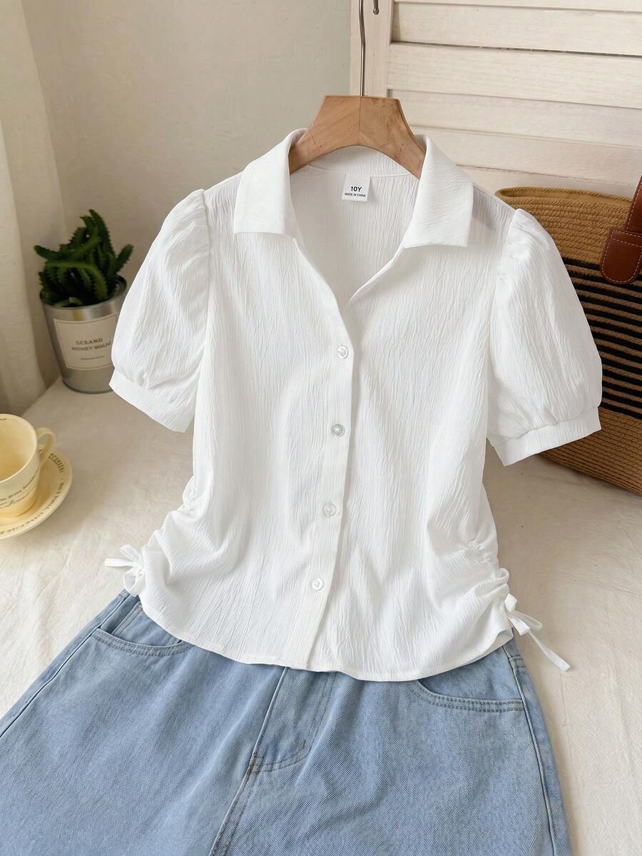 SHEIN 1件女款春夏新款休閒返校大學風短袖翻領蝴蝶結裝飾前開扣修身襯衫,簡約白色上衣,適合日常穿著與外出 - 白色 - 查看 1