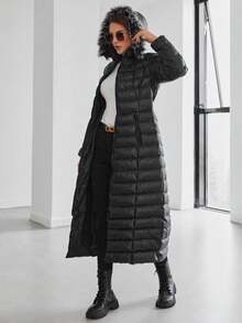 RueChic Women's Zipper Waist Belt Detachable Hooded Long Padded Jacket - Black - View 5