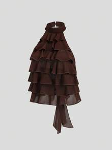 Sweetra Women's Summer New Fashion Versatile Multi-Layer Ruffle Hem Back Cutout Tie Chiffon Blouse Round Neck Sleeveless Short Shirt - Coffee Brown - View 3