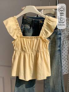 Comfortcana Pale Yellow Woven Women's Fitted Square Neck Vacation T-Shirt Picnic Going Out Everyday Date Party Summer Cute Tiki Romantic - Yellow - View 1