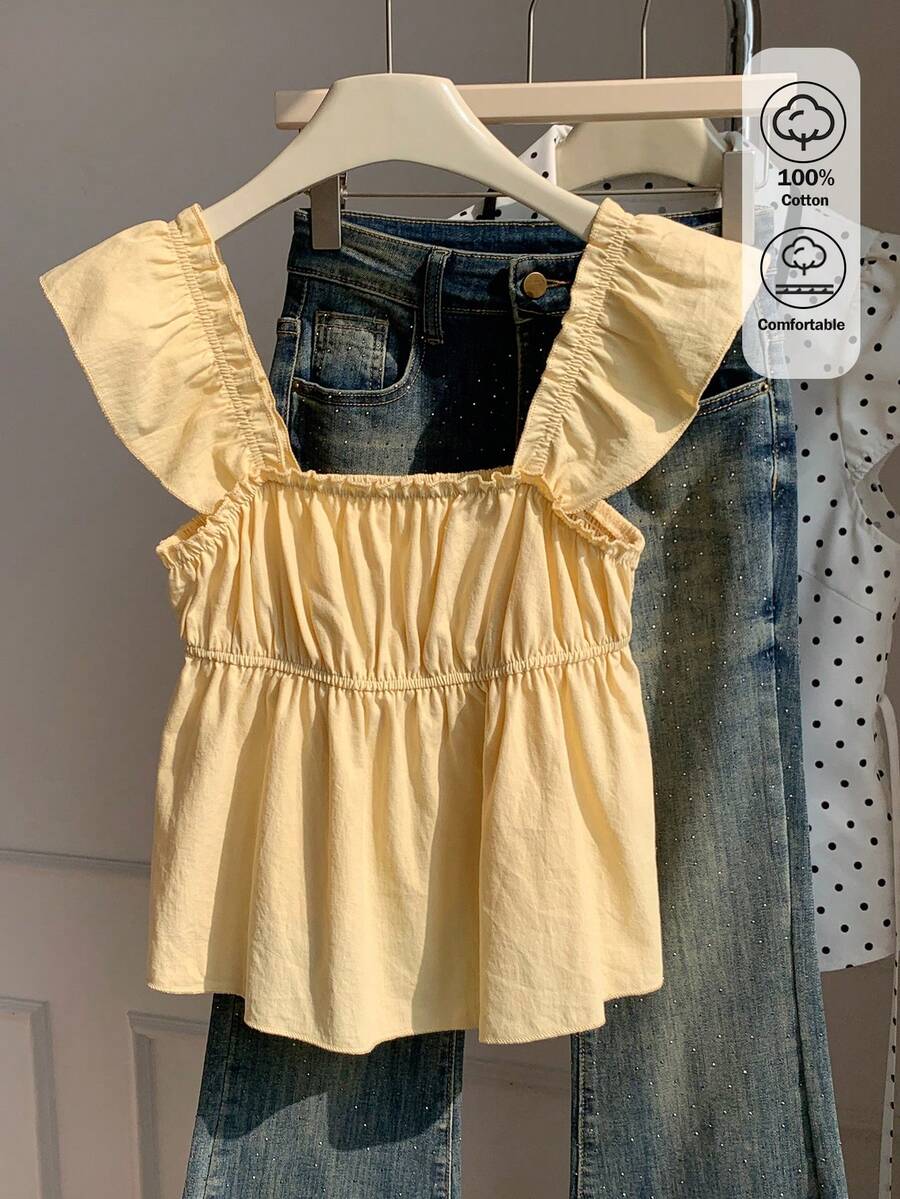 Comfortcana Pale Yellow Woven Women's Fitted Square Neck Vacation T-Shirt Picnic Going Out Everyday Date Party Summer Cute Tiki Romantic - Yellow - View 1