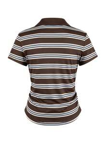 Franclia Women's American Style Colorblock Striped Patchwork Shirt Collar Ruched Waist Short Sleeve T-Shirt - Multicolor - View 2