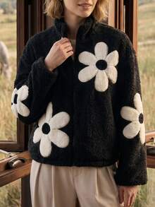 CAJUNI 女款花卉印花人造毛領拉鍊立領休閒可愛百搭長袖外套，適合日常旅行、上學、外出，黑色花卉冬季款 - 黑色 - 查看 9