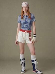 Elnivra Camiseta de manga corta de punto estampado azul marino para mujer - Neblina azul - Ver 3