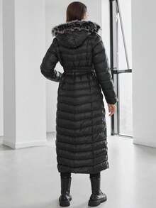 RueChic Women's Zipper Waist Belt Detachable Hooded Long Padded Jacket - Black - View 4