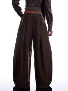 LYSMO 2026 New Arrive Minimalism Women's Solid Color Zipper Fly Pleated Casual Wide Leg Suit Pants Work Outfits For Women - Coffee Brown - View 2