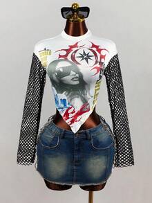 Mistrie Women's Sexy Y2k Character Graphic Print Streetwear Asymmetrical Hem Mesh Patchwork Top Music White With Black Polka Dots Summer Concert Night Out - White - View 1