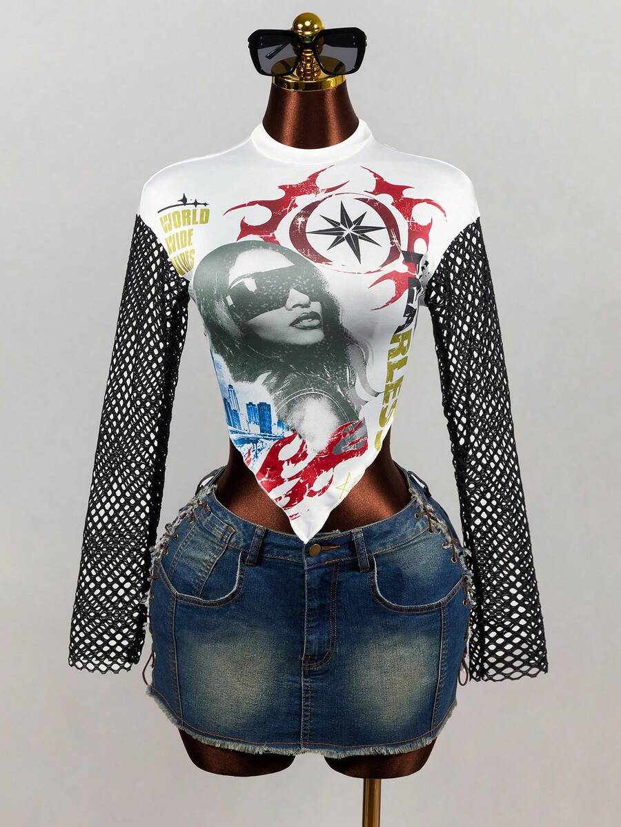 Mistrie Women's Sexy Y2k Character Graphic Print Streetwear Asymmetrical Hem Mesh Patchwork Top Music White With Black Polka Dots Summer Concert Night Out - White - View 1