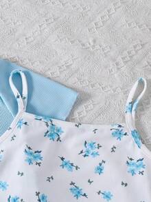 2pcs/Set Tween Girls Spring/Summer New Elegant Knitted Ribbed Cardigan Top And Knitted Floral Digital Print Cami Waist-Cinching Dress Casual Daily Outing - Blue - View 6
