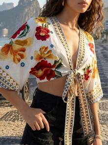 CAJUNI Women's Vacation Floral Geometric Print Tie-Front Fashion Top Beach White Summer Boho Sexy Casual - Multicolor - View 7