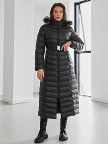 RueChic Women's Zipper Waist Belt Detachable Hooded Long Padded Jacket - Black - View 6