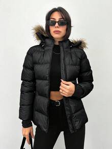 RueChic Fuzzy Trim Hooded Padded Coat - Black - View 3