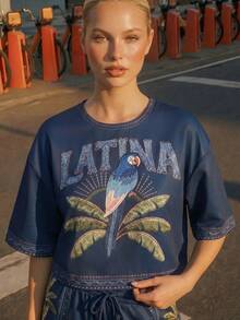 CAJUNI Short-Sleeved, Round Neck, Loose Fit, Cropped Top With A Resort Vibe And Latin Print. Vacation Navy Blue Summer Tropical Streetwear - Navy Blue - View 3
