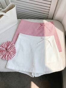SHEIN 女童編織純色條紋修身休閒短褲 2件/套 - 紅白色 - 查看 2