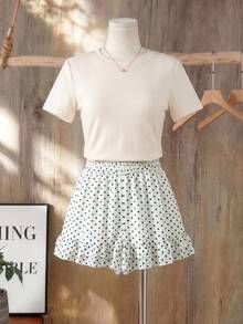 GlowEve CURVE Plus Size Chiffon Polka Dot Fabric Ruffle Hem Lined Elastic Waist Casual Outing Daily Commute Date Party Shorts - Black and White - View 7