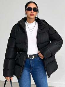 RueChic Padded Coat With Hood, Adjustable Waist, Two Side Pockets, Zipper - Black - View 7