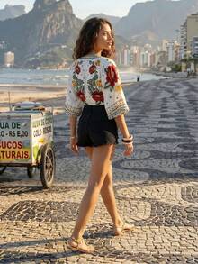 CAJUNI Women's Vacation Floral Geometric Print Tie-Front Fashion Top Beach White Summer Boho Sexy Casual - Multicolor - View 2