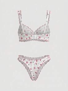 lacRébo White And Pink Floral Printed Mesh Underwired Bra And Matching Ruffled Tanga Cute Lingerie Set - Multicolor - View 8