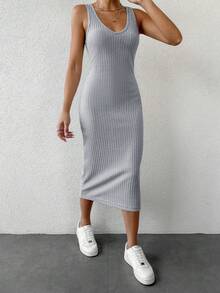SHEIN Cottnline Plain Ribbed Knitted Casual Two-Piece Set - Grey - View 6