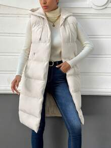 RueChic Zip Up Drawstring Hooded Puffer Vest Coat - Beige - View 3