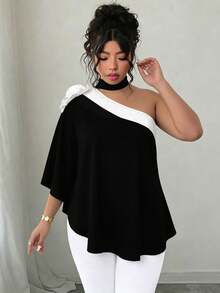 SHEIN Clasi Áo blouse nữ size lớn cao cấp bằng satin phối màu tương phản, họa tiết hoa 3D đa năng cho mùa thu - Đen và trắng - Xem 3