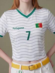Elnivra 2026 Fußball-Weltmeisterschaft Portugal Fußballtrikot Stil Damen Crop Top Grün und Weiß gestreiftes Muster T-Shirt Sommer Streetwear Lässig Schule - Weiss - Übersicht 6