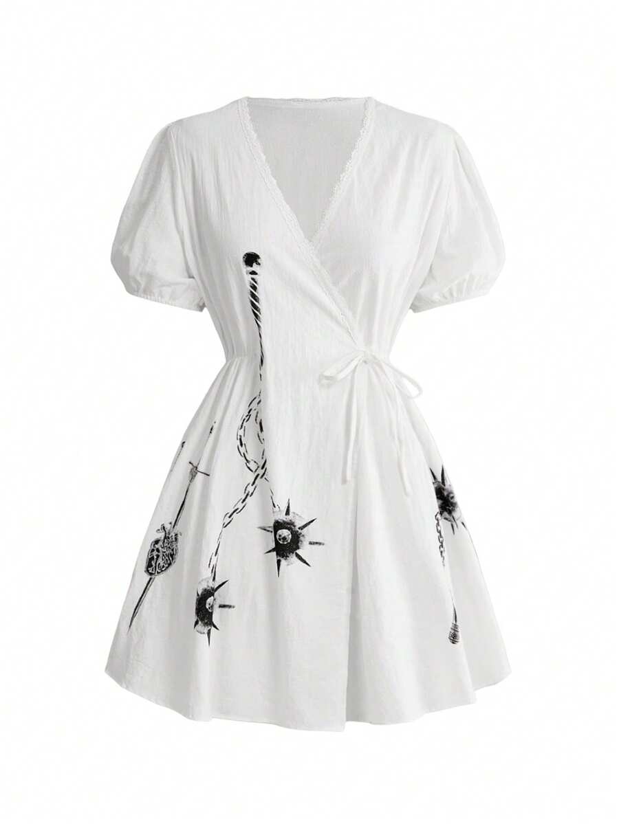 ROMWE Goth Vestido corto de mujer con estampado de martillo meteórico, espada, cadena y tenedor, estilo gótico - Blanco - Ver 1