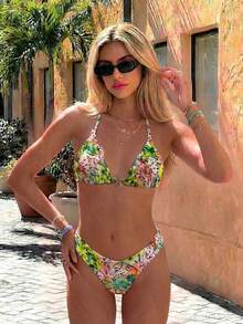 Swim Vcay Spring/Summer Women's Random Print Halter Neck Metal Decor High Cut Bikini Set - Multicolor - View 4