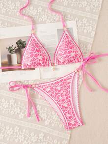 Swim Mod Women's Summer Beach All-Over Print Halter Tie Sexy Bikini And Triangle Bottom Two-Piece Swimsuit Set - Pink - View 7