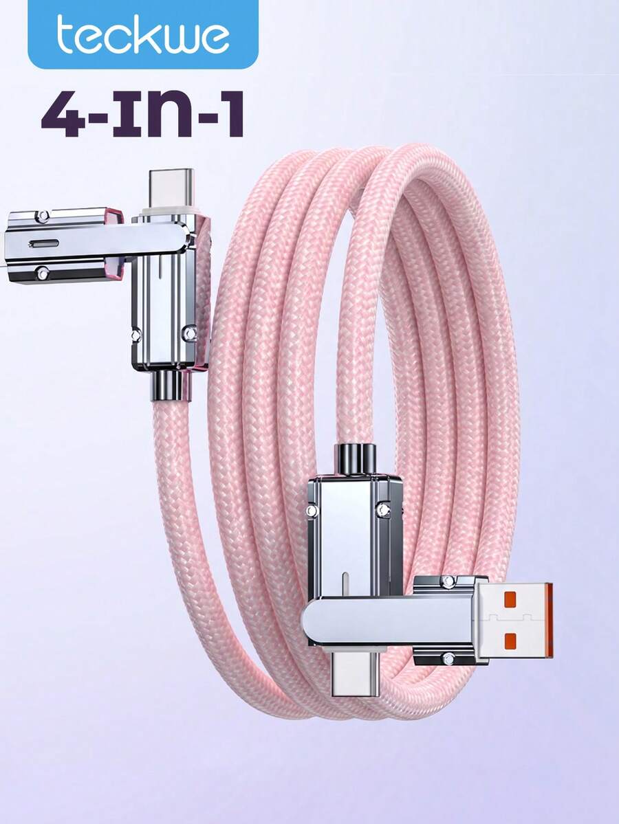 Teckwe 4 In 1 Braided Multi Charging Cable, 180° Rotatable Dual Type-C USB A Fast Charging Cord, Universal Multi Interface Charger Wire For IPhone Android Cell Phones Travel - Multicolor - View 1