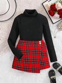 SHEIN Tween Girl Autumn/Winter Cute Knit Red Checked Long Sleeve Top Elastic Waist Plaid Shorts Set, Casual Elegant Outfit Back-To-School School - Red - View 1