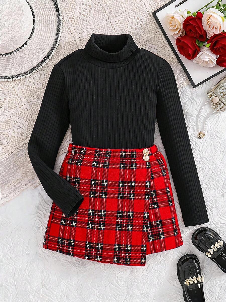 SHEIN Tween Girl Autumn/Winter Cute Knit Red Checked Long Sleeve Top Elastic Waist Plaid Shorts Set, Casual Elegant Outfit Back-To-School School - Red - View 1