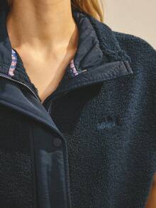 Aralina Women Drop Shoulder Sherpa Fleece Vest Sleeveless Stand Collar Zip Up Snap Button Front Pockets Drawstring Hem Casual Fall Winter Jacket - Navy Blue - View 3
