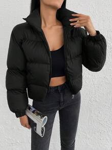 RueChic Slant Pockets Zip Up Puffer Coat - Black - View 5