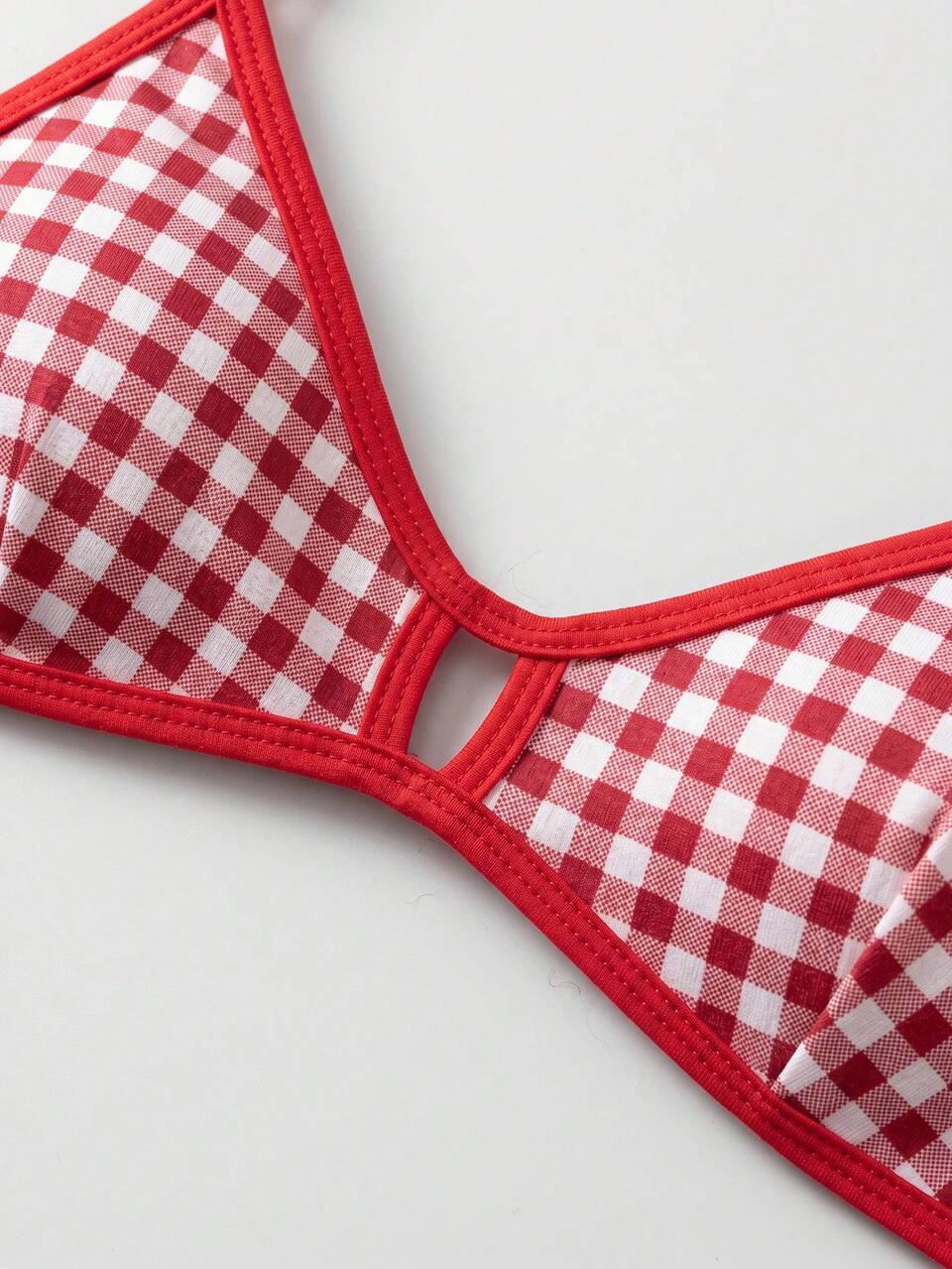 Red Gingham Lingerie Set With Lace-Trimmed Triangle Bra And Matching Briefs Bra And Panty Set