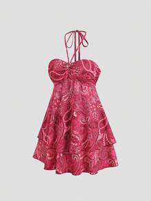 Sweetra Vestido curto fluido em A para mulher, sem alças, de camada dupla, design doce e moderno, primavera/verão, estilo férias na praia - Multicolorido - Ver 4