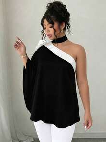 SHEIN Clasi Áo blouse nữ size lớn cao cấp bằng satin phối màu tương phản, họa tiết hoa 3D đa năng cho mùa thu - Đen và trắng - Xem 4