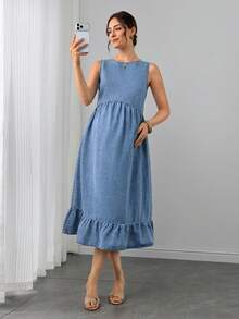 Momance Vestido de maternidad plisado casual diario de mezclilla - Azul lavado medio - Ver 3