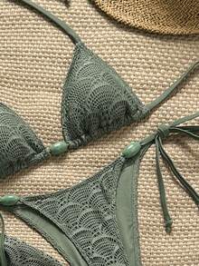 Costavie Women's Spring/Summer Jacquard Fabric Halter Neck Beaded Decor Bikini Set With Skirt Beach Party Olive Green Sexy Tropical - Army Green - View 4
