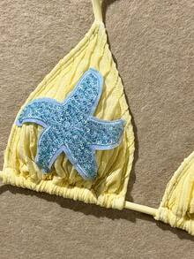 Swim SXY Set Bikini 2 Potong Model Halter dengan Motif Bintang Laut dan Kain Bertekstur Warna-warni Kuning Pucat Terbaru untuk Musim Semi/Panas, Cocok untuk Wanita Liburan Pantai - Angsa kuning - View 3
