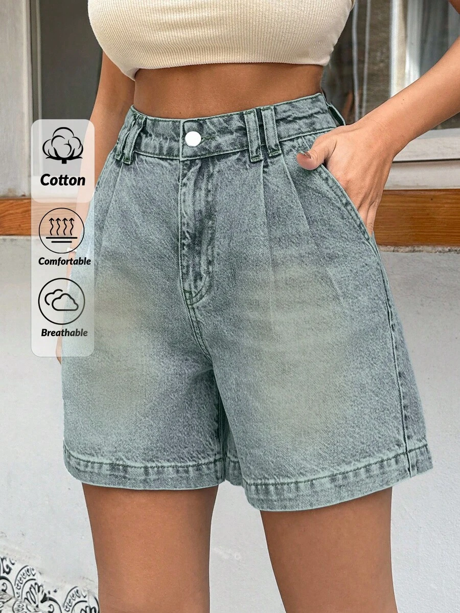 EURMUSE 100%Cotton HIGH WAIST PENS DETAILED STRAIGHT CUT SHORT - Light Wash - View 1