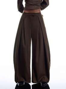 LYSMO 2026 New Arrive Minimalism Women's Solid Color Zipper Fly Pleated Casual Wide Leg Suit Pants Work Outfits For Women - Coffee Brown - View 1