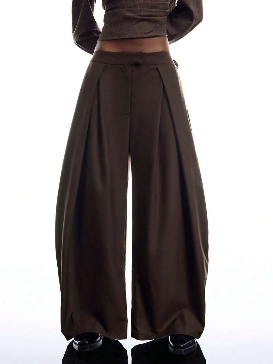 LYSMO 2026 New Arrive Minimalism Women's Solid Color Zipper Fly Pleated Casual Wide Leg Suit Pants Work Outfits For Women - Coffee Brown - View 1