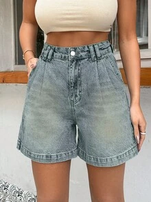 EURMUSE 100%Cotton HIGH WAIST PENS DETAILED STRAIGHT CUT SHORT - Light Wash - View 3