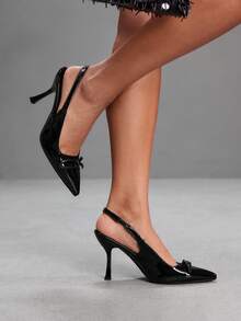CUCCOO SZL Elegant Women's Black Patent Leather Pointed Toe Slingback Pumps With Chain Detail Kitten Heels - Black - View 4