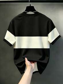 KRYTIVO Plus Size Men's Colorblock Crew Neck Letter Graphic Short Sleeve Fashion Versatile T-Shirt - Black - View 2