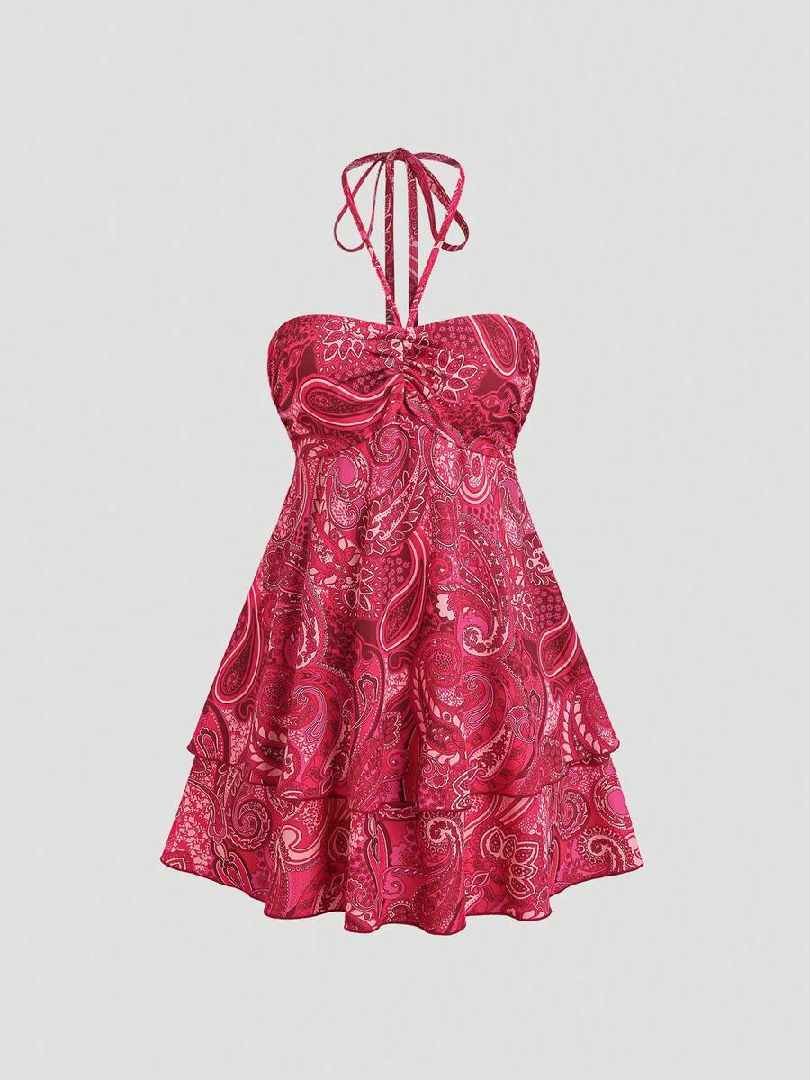 Sweetra Vestido curto fluido em A para mulher, sem alças, de camada dupla, design doce e moderno, primavera/verão, estilo férias na praia - Multicolorido - Ver 1