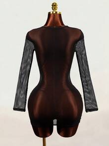 Mistrie Women's Letter Print Criss-Cross Contrast Color Sexy Mesh Sheer Long Sleeve Hot Girl Dress - Black - View 2